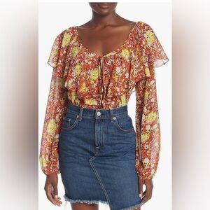 Intimately Free People Sz L Red floral Say It to Me long Sleeve Bodysuit boho